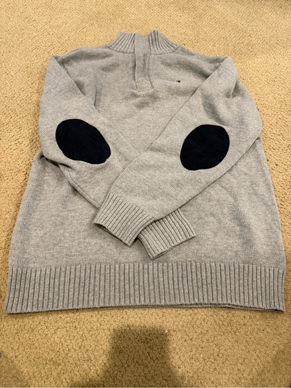 BoysTommy Hilfiger Gray Sweater with Navy Blue Elbow Patches